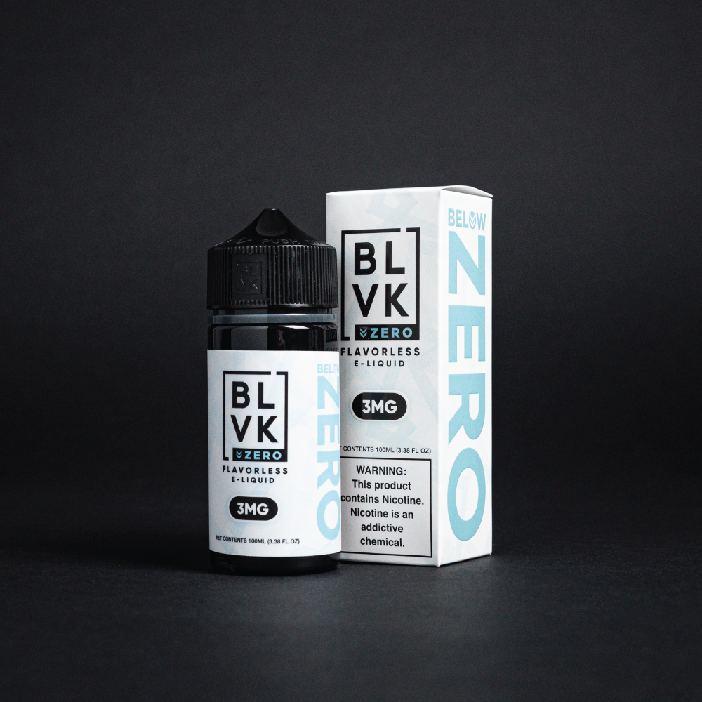 BLVK flavorless e-liquid bottle and packaging on a black background