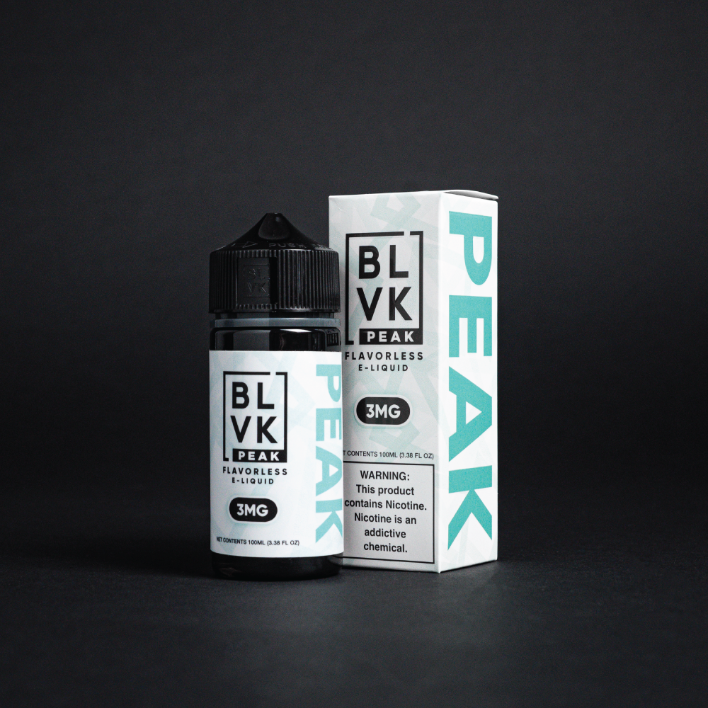 BLVK Peak e-liquid bottle and packaging on a black background